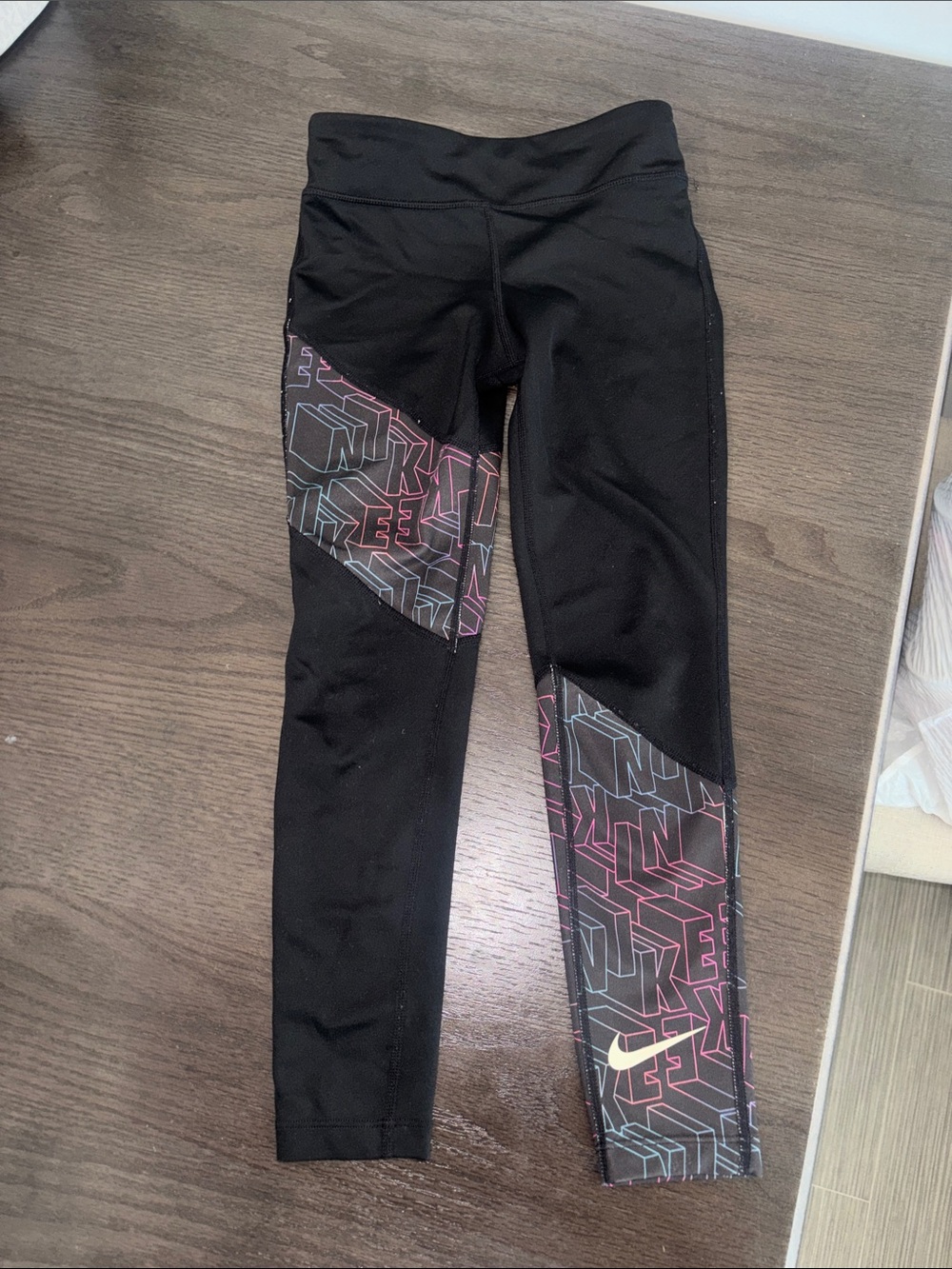 Nike Black Leggings with Pink and Teal Geometric Panels